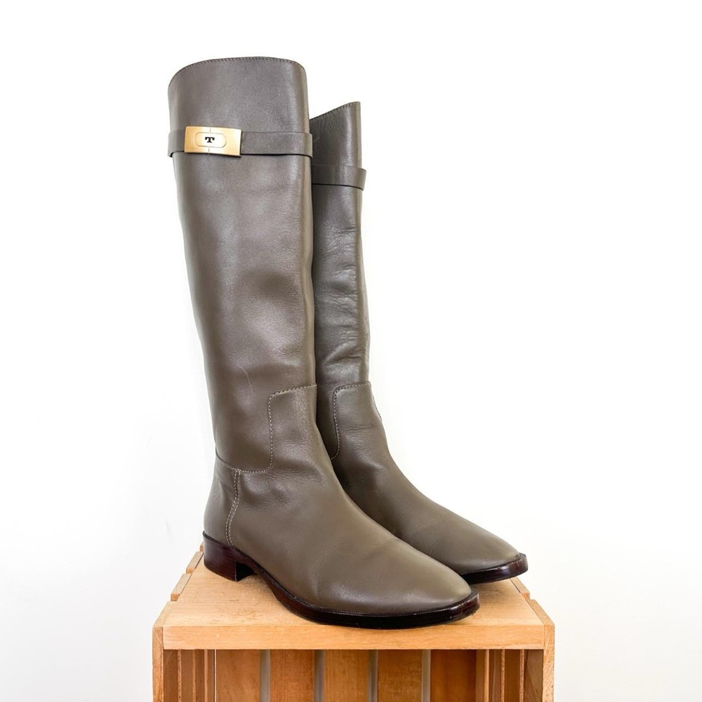 Tory Burch T Bar Logo Olive Khaki Gray Tall Equestrian Riding Boot Size 10